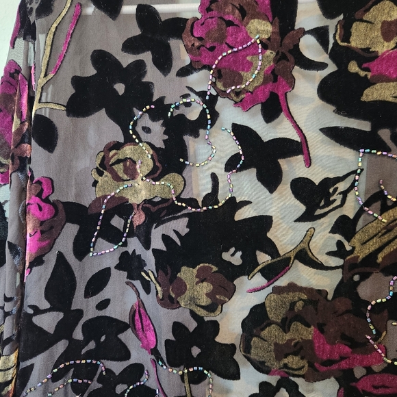 JR Nites Vtg Floral Shell Blouse Fringe Velvet Burnout Dark Fairy Whimsigoth L - Picture 11 of 13